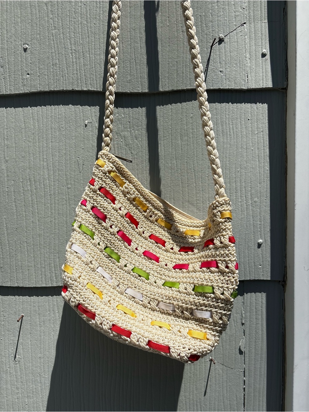Braided Straw Crossbody Shoulder Bag with Multicolor Ribbon Accents